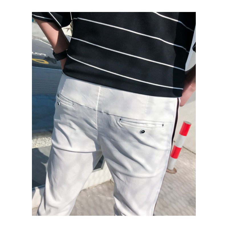 个性红人个性个性条纹休闲裤男韩版时尚修身小脚青少年弹力九分裤