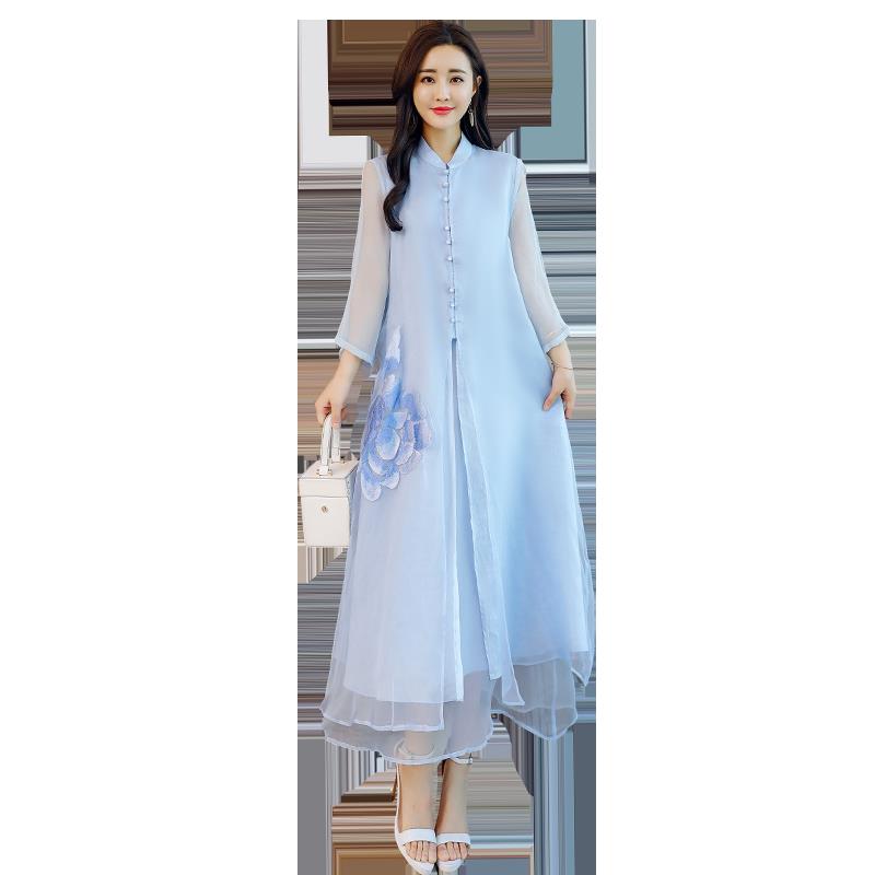中国风女装改良版旗袍式连衣裙宽松大码文艺复古民族风两件套装