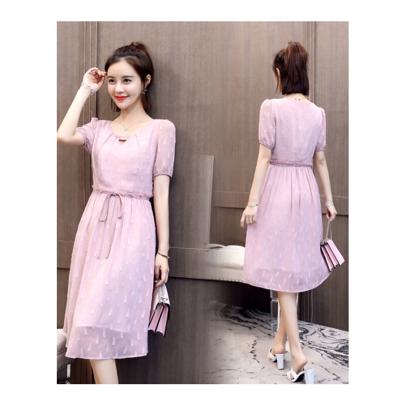 雪纺连衣裙女装夏款2108新品时尚韩版短袖中长款遮肚粉色仙女裙子