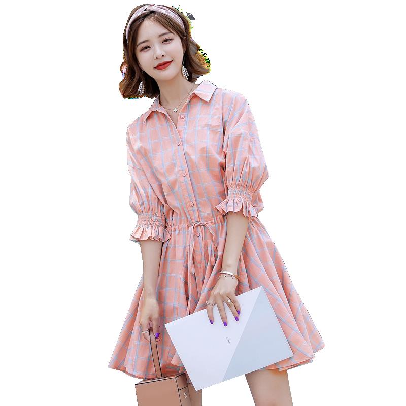 韩国年轻女士夏款新品Polo领格子连衣裙女灯笼袖系带宽松短裙