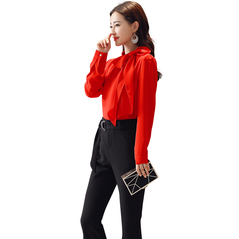 春秋新品女士韩版时尚套装长袖气质衬衫女职业喇叭裤长裤两件套潮
