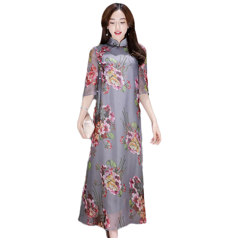 中国风改良旗袍夏新品女士民族风立领宽松雪纺长款印花复古连衣裙