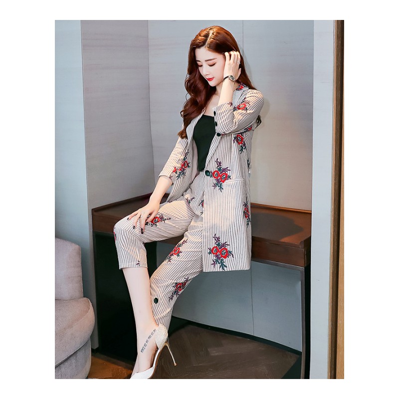 女士春秋装新品韩版女装时尚女神范两件套气质条纹外套时髦套装潮