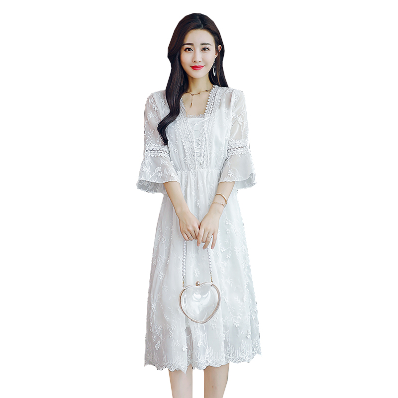 套装裙子女女士新品韩版优雅白色v领花边中袖蕾丝拼接雪纺连衣裙