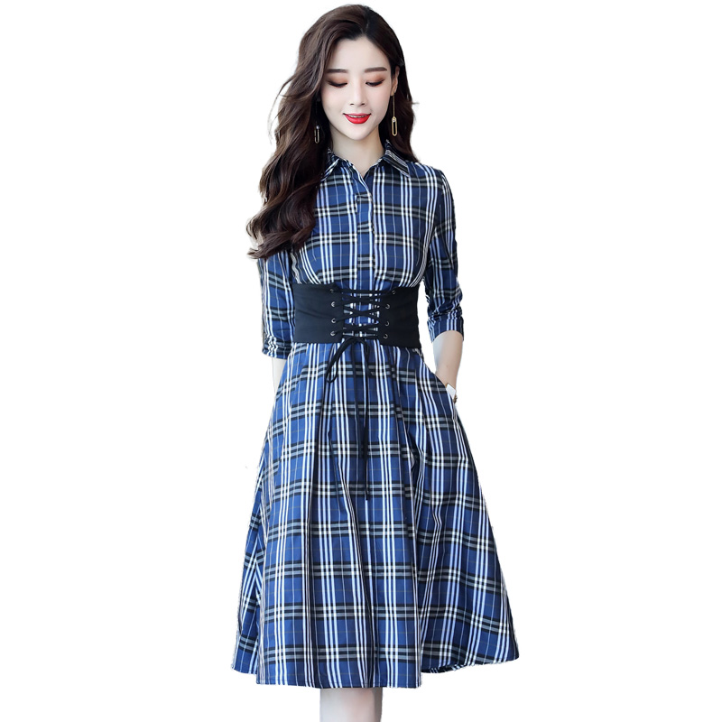 衬衫连衣裙女夏女士新品韩版收腰气质正式场合中长款格子裙子秋装