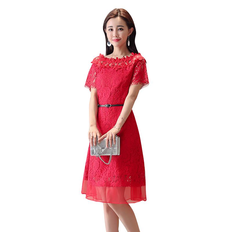 红裙子夏女士新品女装冷淡风裙子仙女气质一字肩蕾丝红色连衣裙夏