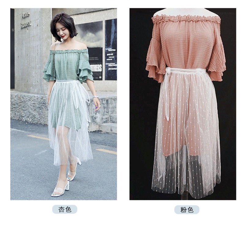 女士年夏款纯色气质韩版简约雪纺蕾丝纯色纱网两件套连衣裙仙