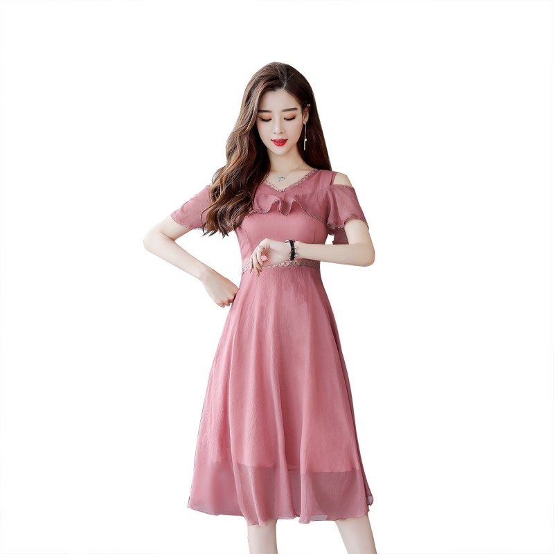 红色裙子女夏女士新品韩版名媛气质时尚露肩雪纺连衣裙中长款显瘦