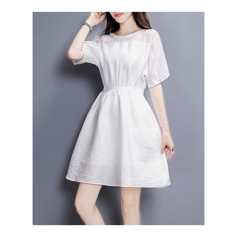 气质麻棉连衣裙女士夏款女装新品韩版白色雪纺拼接收腰显瘦a字裙