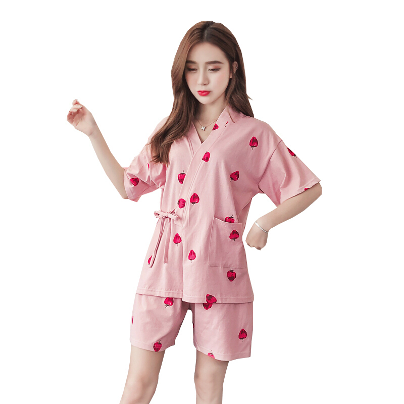 韩版和服睡衣女夏季短袖棉可爱清新学生夏季冰丝家居服两件套装短袖和服莓豆沙+短袖清新花朵和服