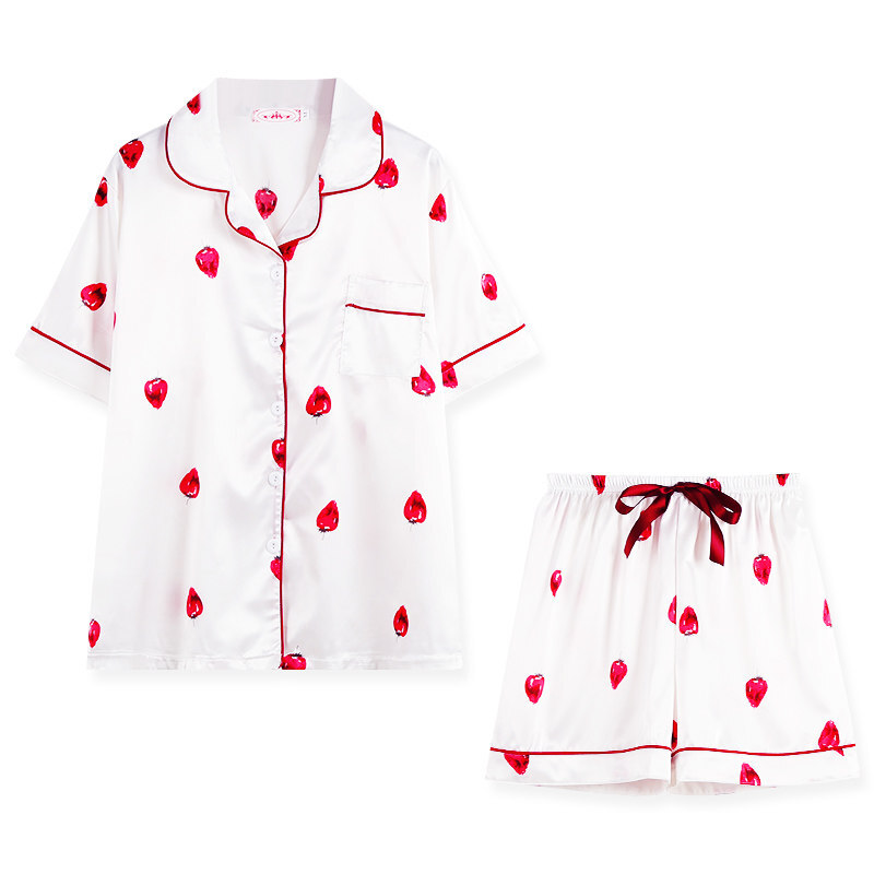 睡衣女夏套装冰丝短袖薄款韩版宽松两件套少女莓仿绸家居服HFF-1003白色莓丝绸