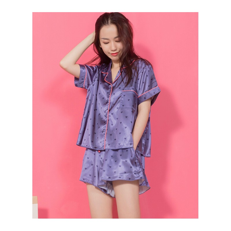 日系紫色爱心荷叶边短袖睡衣女夏套装两件套薄款冰丝绸缎分体