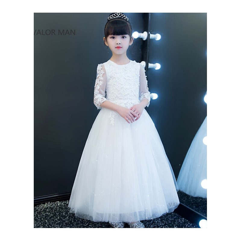 2018新款夏季女童中袖连衣裙小女孩公主长裙表演蓬蓬礼服裙大童白