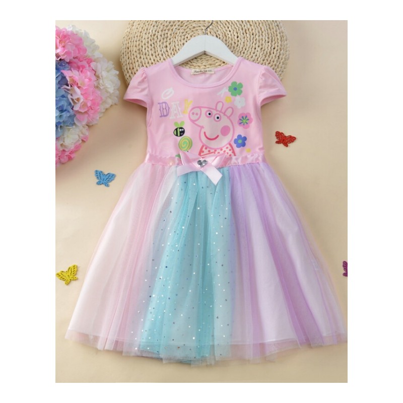 女童装4-10岁小猪佩奇短袖卡通公主裙彩虹纱裙纯棉连衣裙夏季粉红色短袖