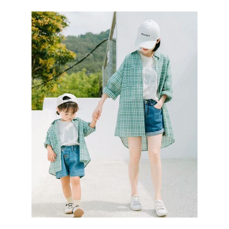亲子装妈妈女儿儿子2018春夏新款母子装韩版中长款格子衬衫防晒衣