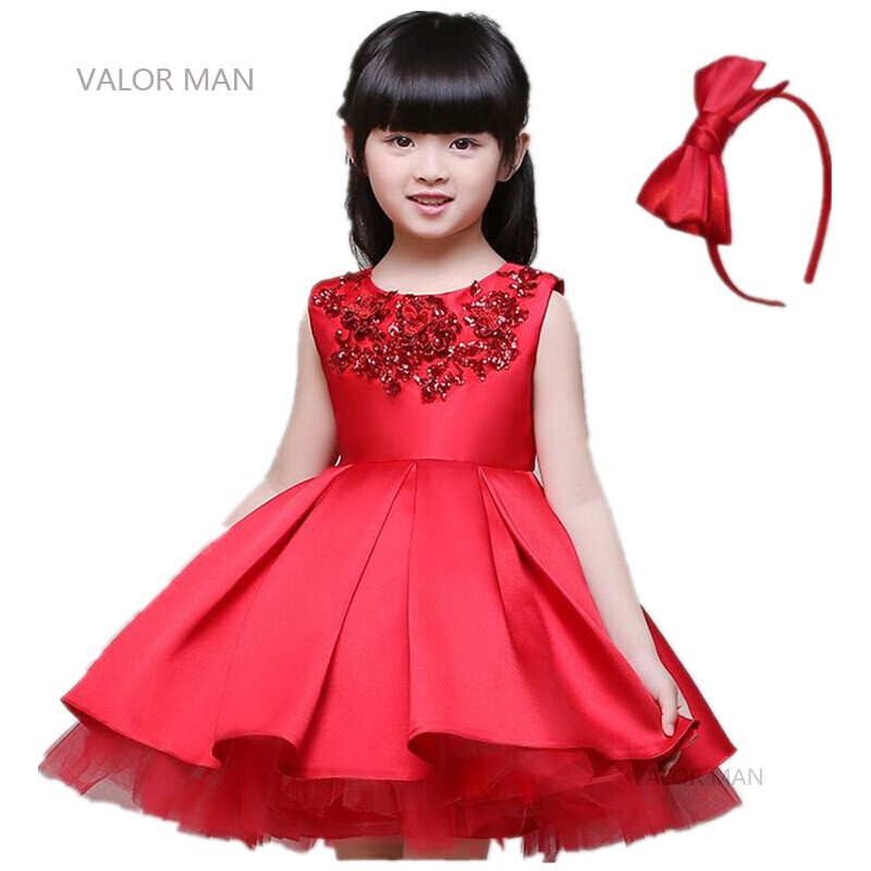 儿童礼服主持人蓬蓬裙红连衣裙钢琴演出服女童公主裙花童礼服如图