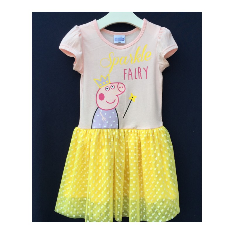 新款夏季儿童纯棉连衣裙女童卡通纱裙公主裙小猪佩奇衣服黄色