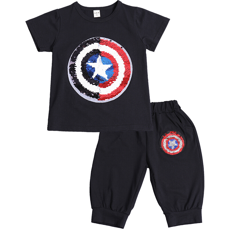 抖音会变的衣服美国队长蜘蛛侠可翻转亮片T恤夏季儿童套装潮t