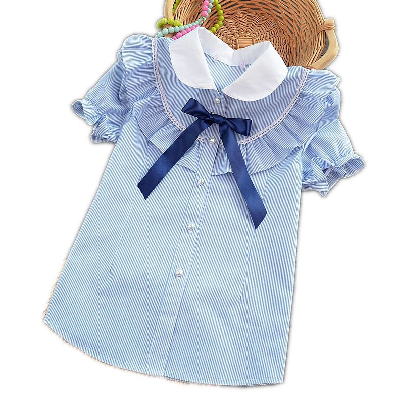 童装女童衬衫2018春夏新款儿童衬衫大童短袖韩版条纹纯棉上衣白领蓝色条纹