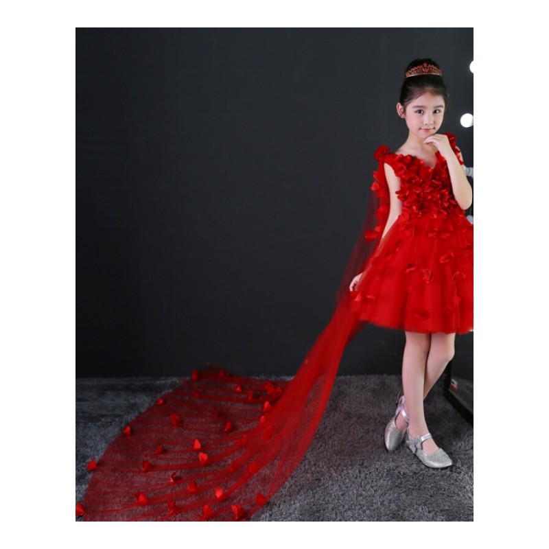 儿童主持人礼服钢琴演出模特走秀花童婚纱蓬蓬红色女童拖尾公主裙