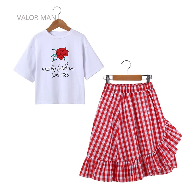 女童套装夏装韩版2018儿童格子半裙休闲套装中大童短袖T恤两件套T恤+格子半身裙
