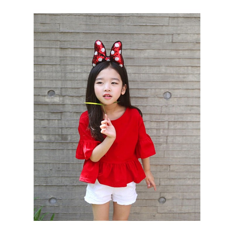 2018夏季女童纯棉短袖T恤喇叭中袖娃娃衫韩版儿童宝宝上衣亲子装红色上衣