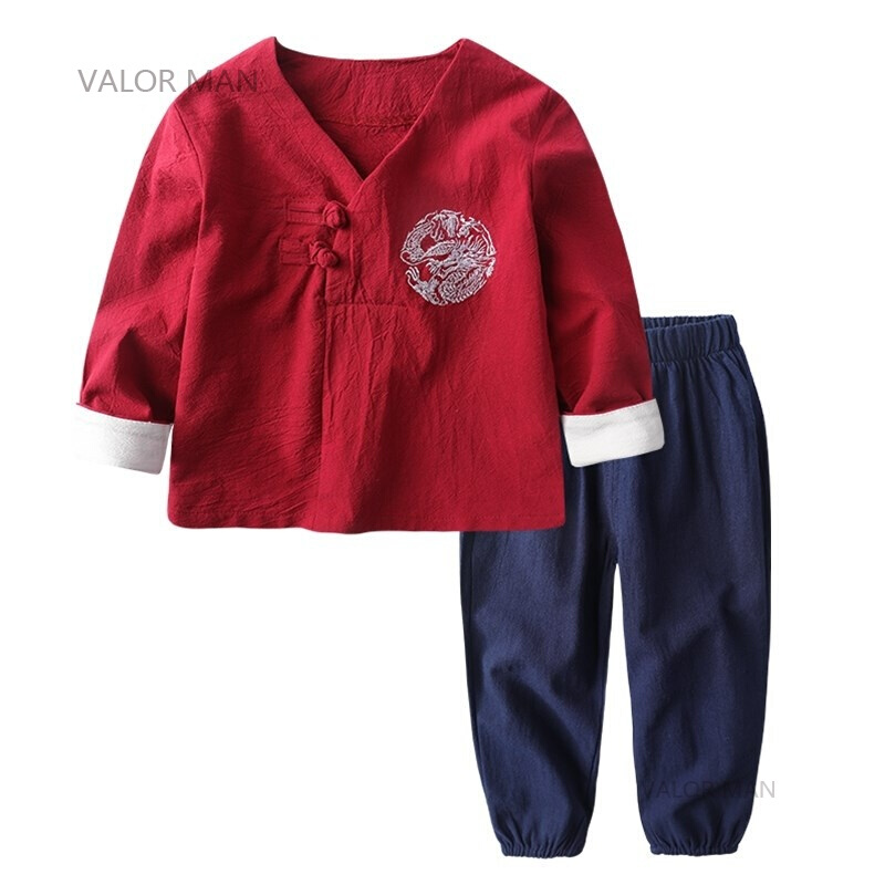 婴儿童中国风女男童小和尚服宝宝衣服汉服民国套装棉麻复古装僧袍红色臂印