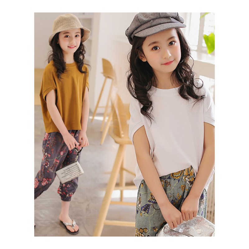 女童夏装2018新款中大童时髦套装韩版时尚短袖灯笼裤棉麻两件套潮