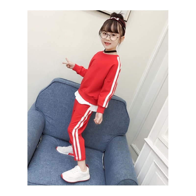 女童洋气春装套装2018新款中大童儿童春秋季运动卫衣两件套韩版潮红色字母套装