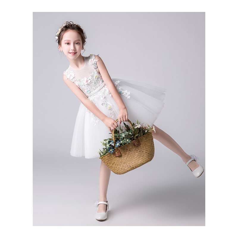 女童主持人礼服走秀蓬蓬2018新款儿童钢琴演出服小花童白色公主裙