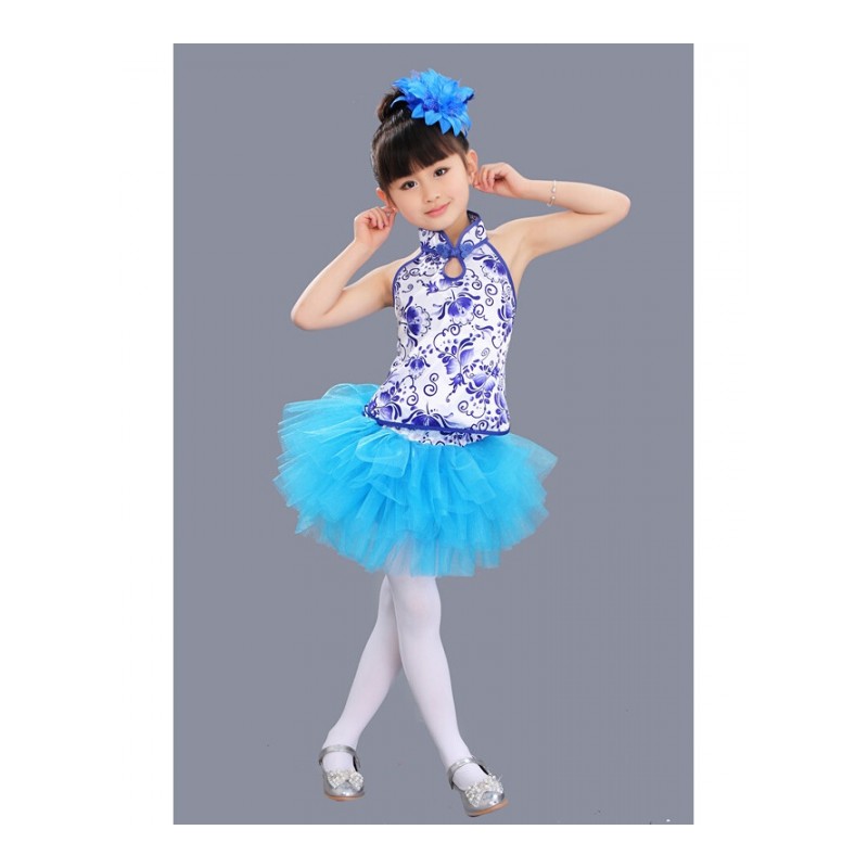 六一儿童公主蓬蓬纱裙幼儿园舞蹈演出服装少儿青花瓷肚兜表演服装蓝色