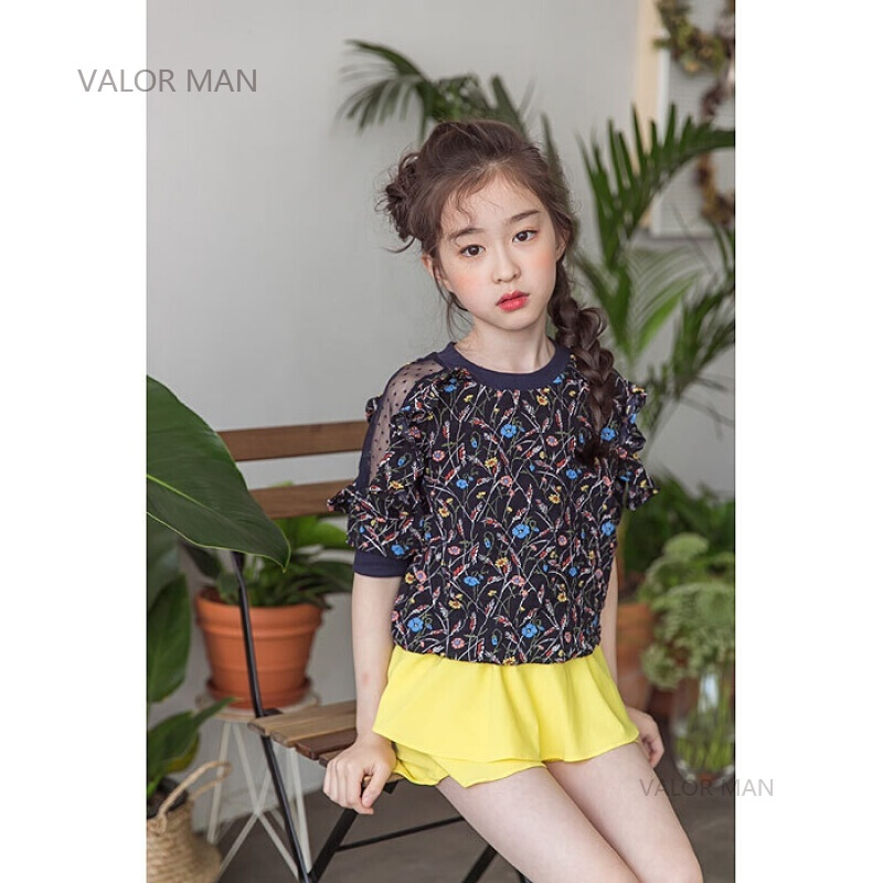 韩版童装套装2018夏季中大童女童碎花宽松短袖拼接蕾丝时尚套装