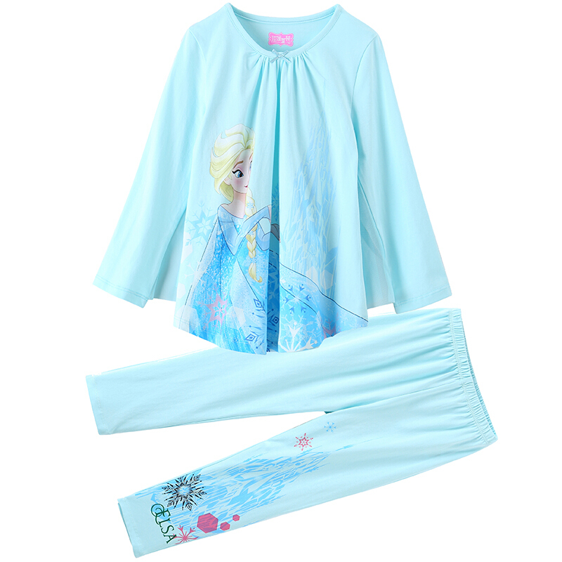 冰雪奇缘爱莎公主女童夏季纯棉儿童睡衣中大童长袖套装家居服薄款浅蓝色