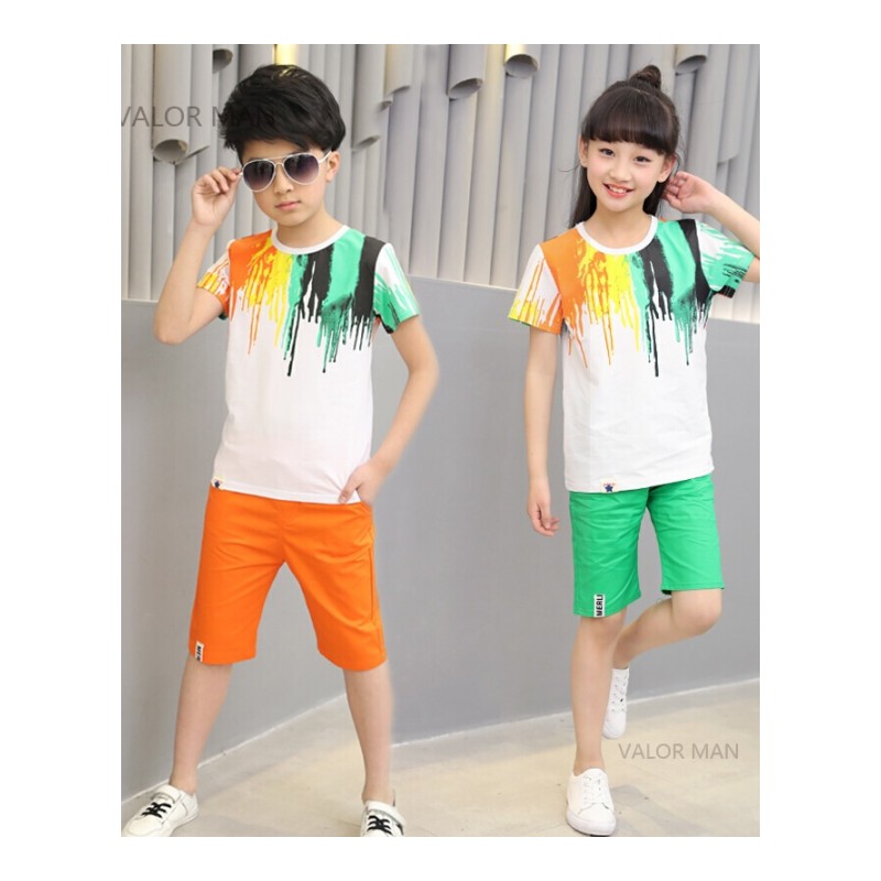 新款童装儿童两件套女童韩版休闲时尚运动棉短袖短裤套装夏款