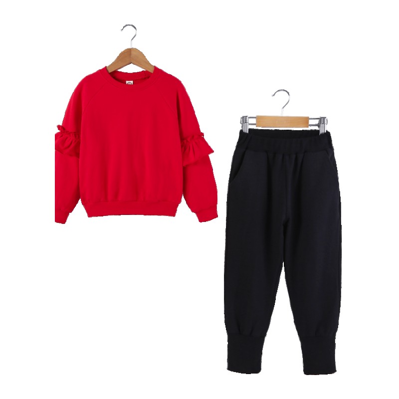 女童洋气春装2018新款潮儿童套装韩版荷叶袖女孩衣服大童装两件套红色