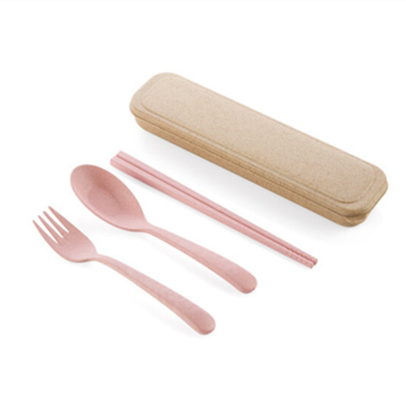创意小麦秸秆便携餐具筷子勺子套装 可爱三件套学生叉子儿童筷盒