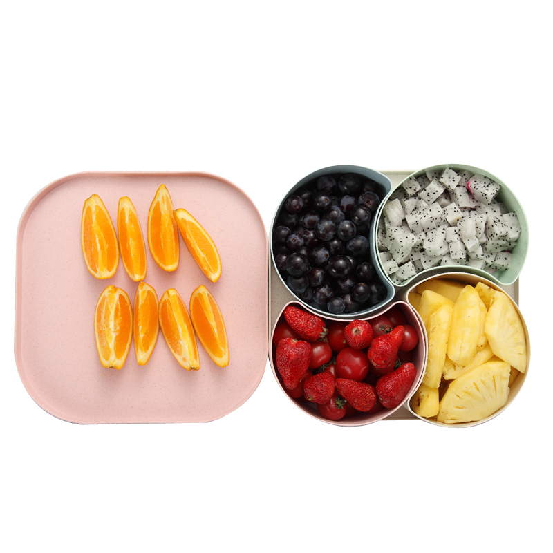 尚屹-小麦秸秆果盘零食盒水果盘客厅创意家用塑料糖果盒分格带盖干果盘