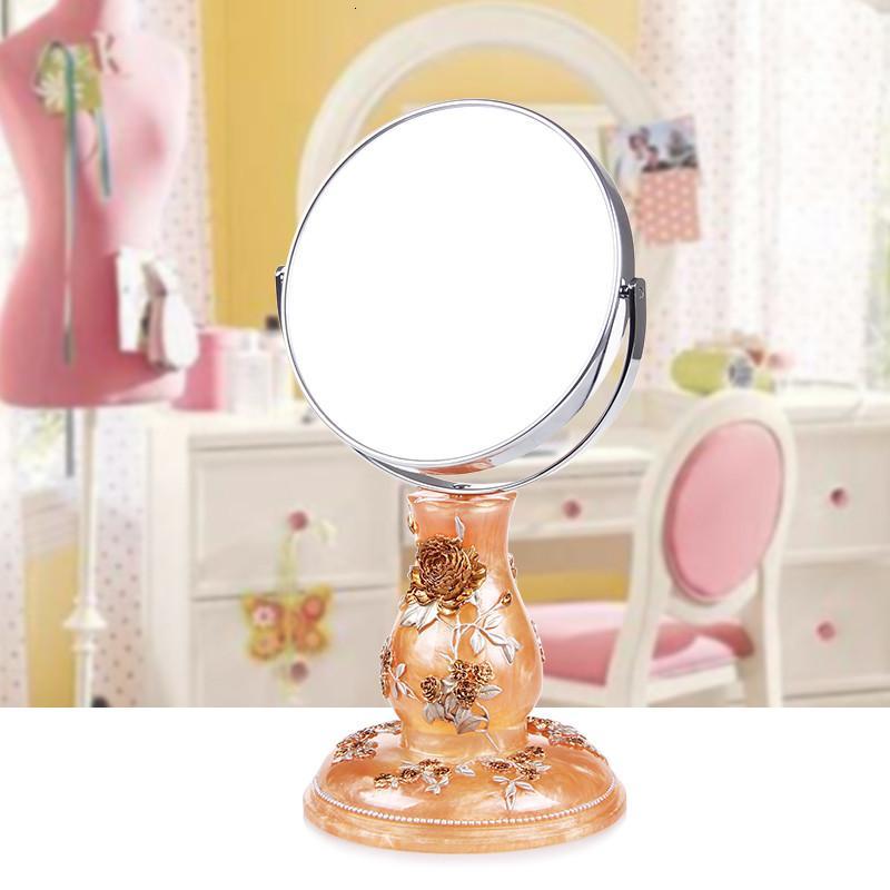 镜子 树脂台面镜 台式化妆镜子 可旋转双面梳妆镜 创意公主镜 圆形镜 梳妆台摆件-粉色化妆镜
