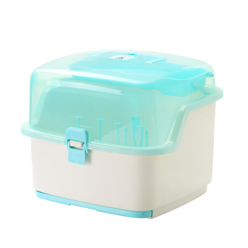 奶瓶收纳箱盒塑料内层沥水架透明可视居家餐具儿童奶瓶晾干架 天蓝色
