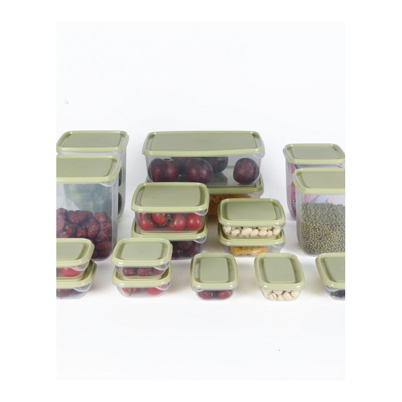 保鲜盒多件套装塑料长方形收纳大小饭盒透明水果食品盒子浅绿色17件
