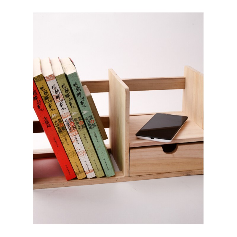 桌上简易小书架置物书架带抽屉实木办公桌面收纳盒整理架