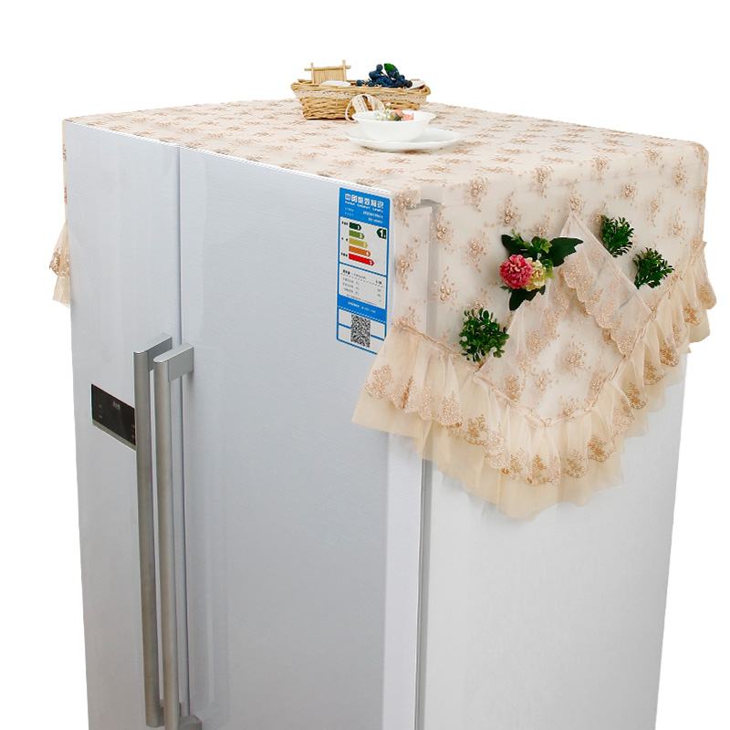欧式冰箱防尘罩冰箱盖布防尘布 蕾丝对开冰箱套 双开收纳挂袋