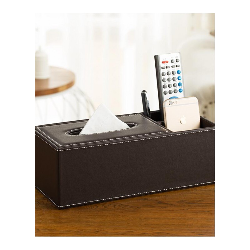 纸巾盒简约设计皮革面料侧面收纳格设计家用客厅桌面多用收纳盒