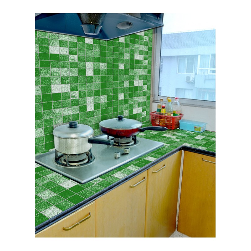 自粘式墙贴瓷砖贴纸创意格子加厚防水贴家居厨房橱柜台用防油贴膜-绿色 0.585米宽 5米