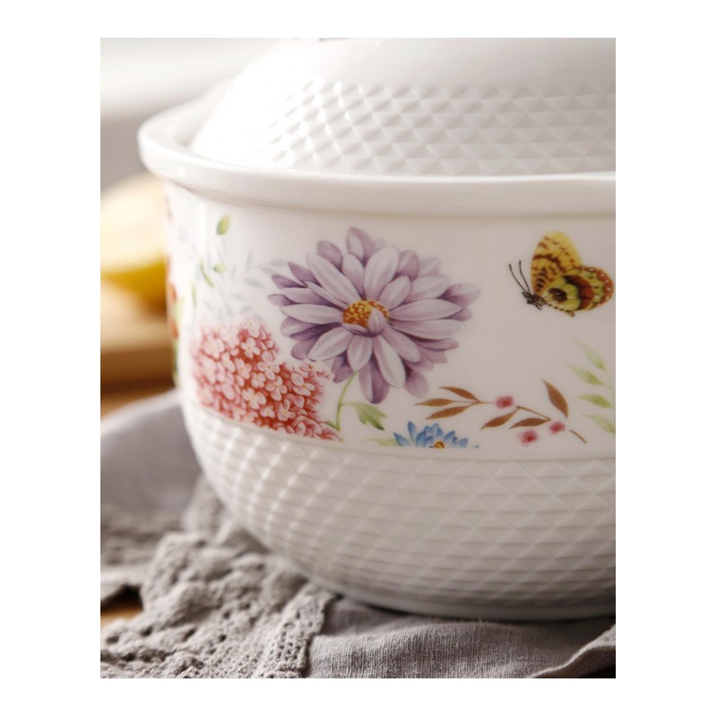 陶瓷可爱双耳汤碗带盖泡面碗家用大号微波炉碗大碗汤盆简约-带提手花园汤碗