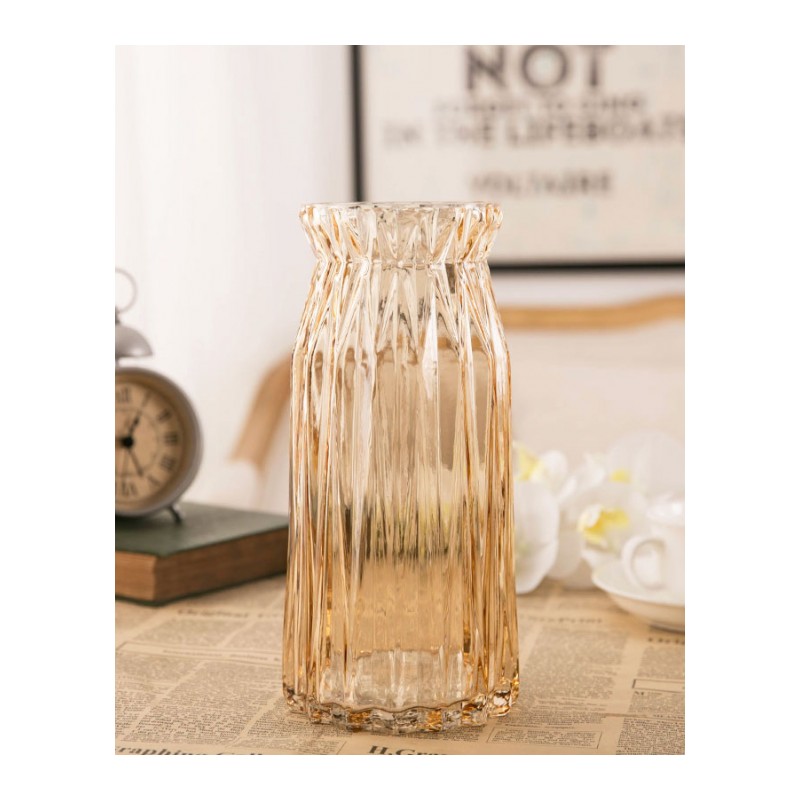 欧式玻璃花瓶竖棱浮透明花器客厅彩色玻璃花瓶插花摆件-酒红色(竖棱花瓶)