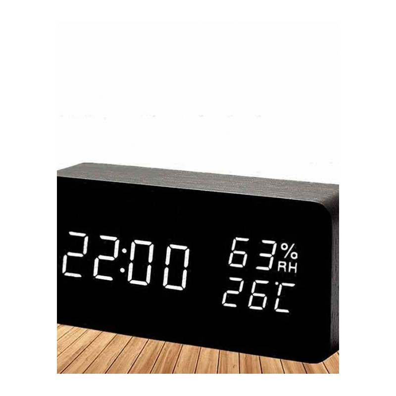闹钟创意LED木头钟学生简约电子钟时尚座钟床头钟-小方形-黑木红字