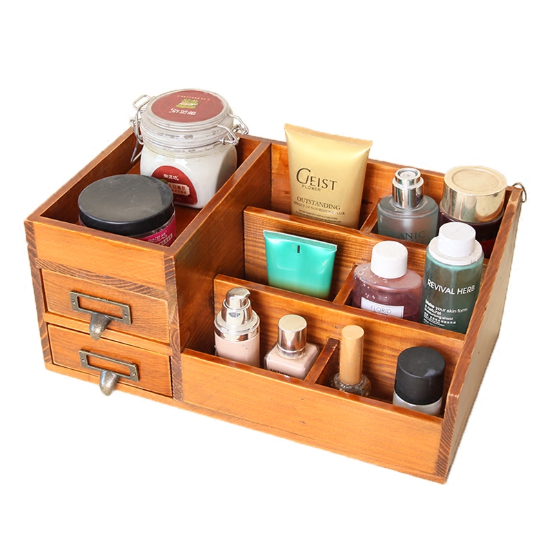 桌面木制储物盒化妆品首饰盒整理箱格子收纳柜大号抽屉式收纳盒