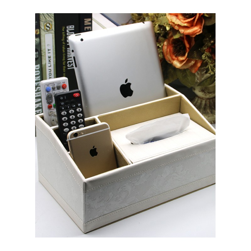 创意纸巾盒时尚多功能PU桌面储物盒家居客厅茶几收纳盒抽纸盒-奶白色