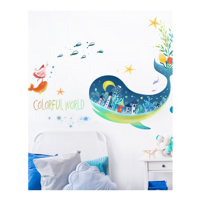 卡通儿童房卧室可爱鲸鱼墙贴纸梦幻浴室卫生间装饰品海底世界贴画
